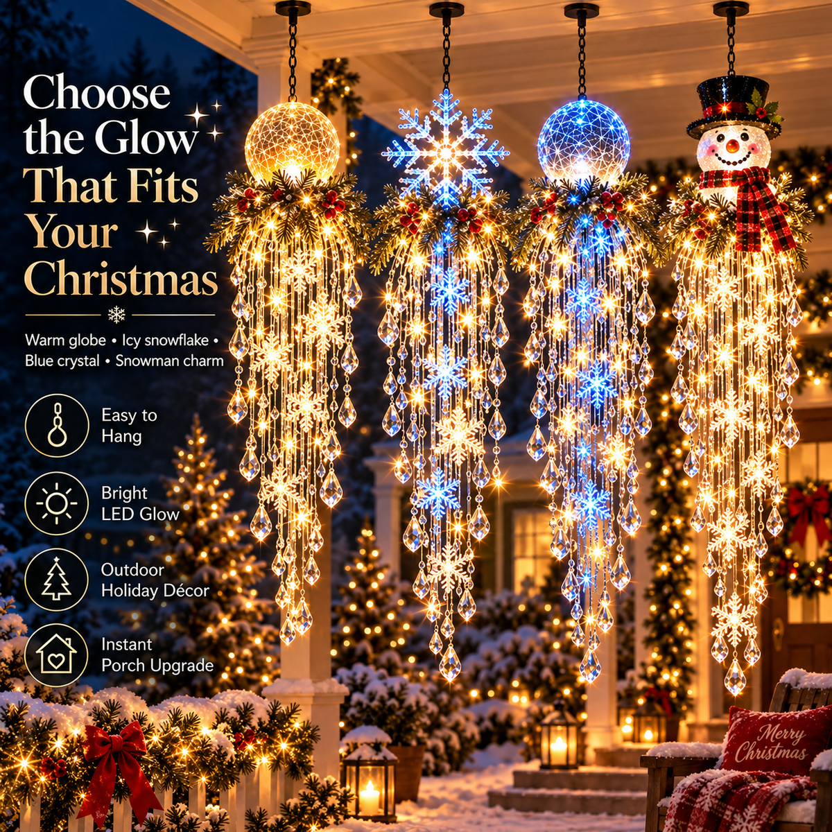 Hanging Snowflake & Crystal LED Porch Décor