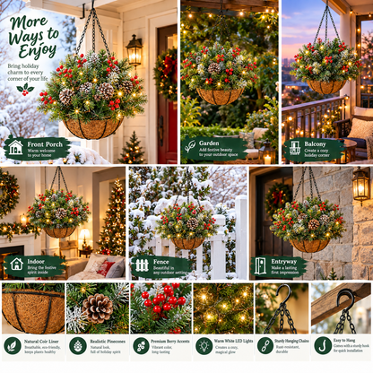 Pre-Lit Christmas Hanging Basket – Warm Evergreen Porch Décor