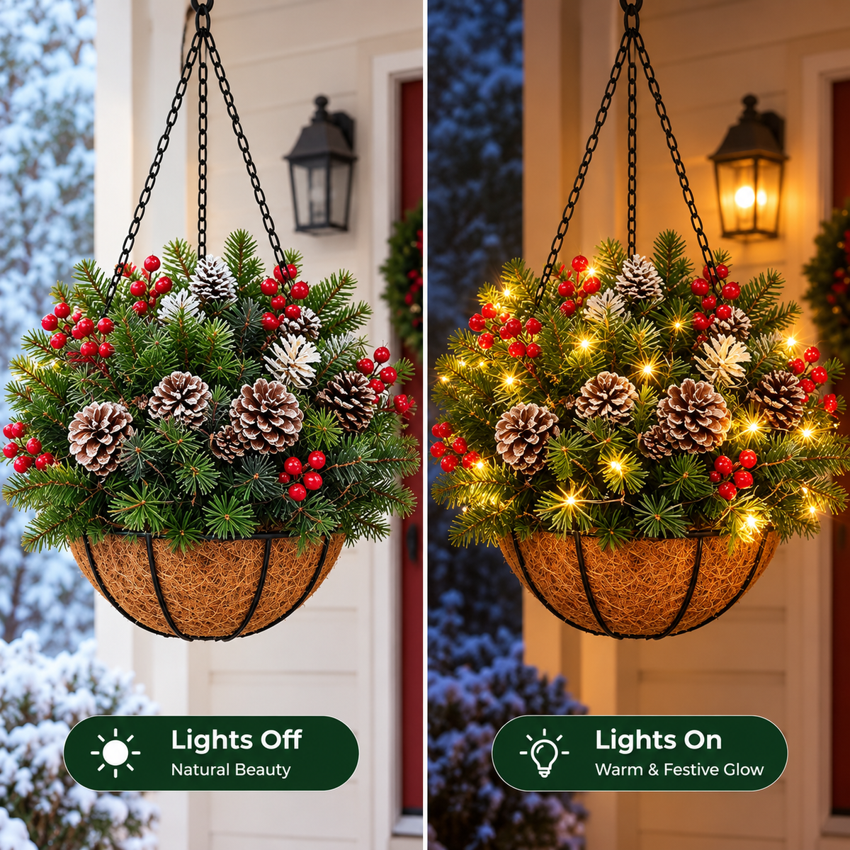 Pre-Lit Christmas Hanging Basket – Warm Evergreen Porch Décor