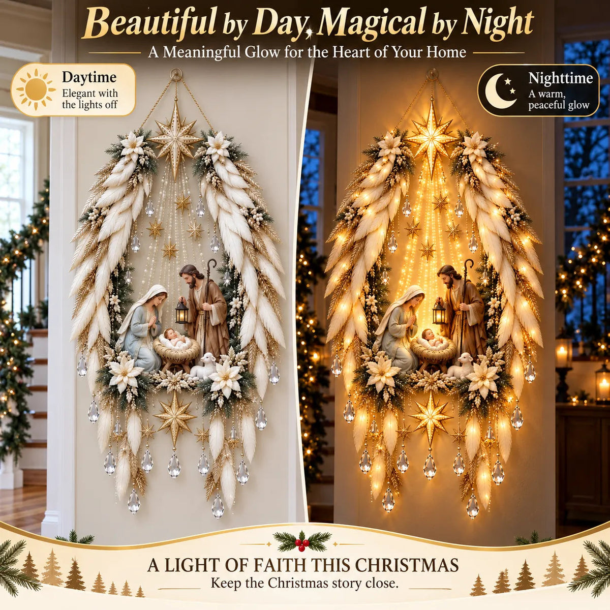 3D Heavenly Angel Wings Nativity Light – Lighted Christmas Wall Decor