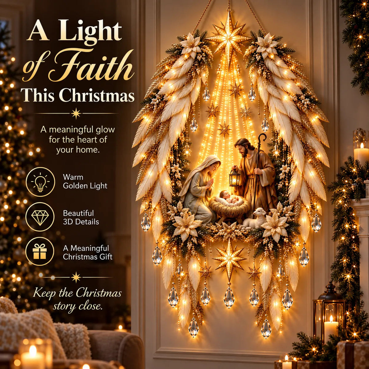 3D Heavenly Angel Wings Nativity Light – Lighted Christmas Wall Decor